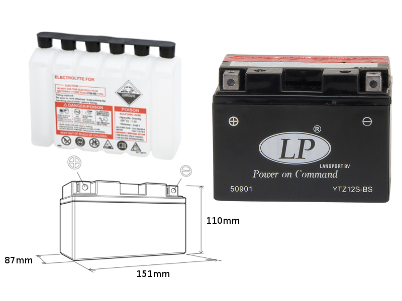 LANDPORT akumulátor YTZ12S-BS (MA LTZ12S-BS) 12V 11AH 150X87X110 (GTZ12S) bezúdržbový - elektrolyt zvlášť (4) UE48
